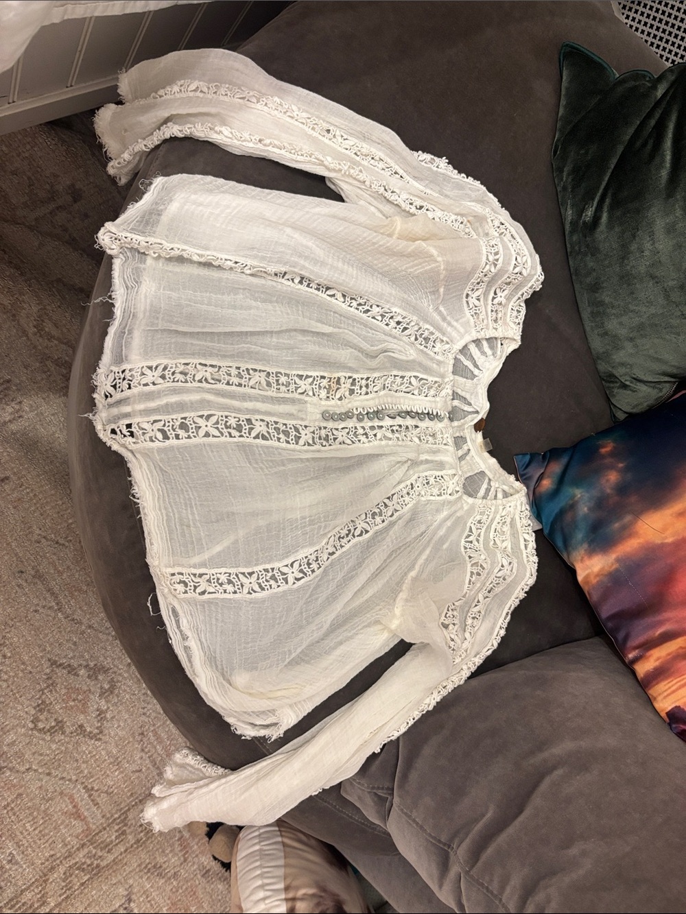 Free People Ivory Lace-Inset Boho Blouse